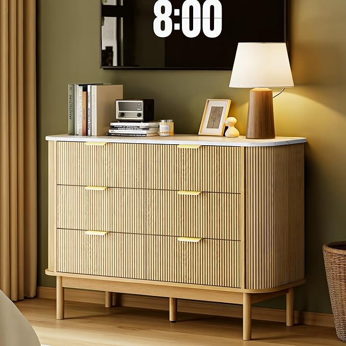 Fluted 6 Drawer Dresser for Bedroom, 47" Wide Chest of Drawers with Faux Marble Top & Curved Profile Design, Modern Dresser TV Stand, Wood Drawer Storage Organizer for Living Room, Natural
