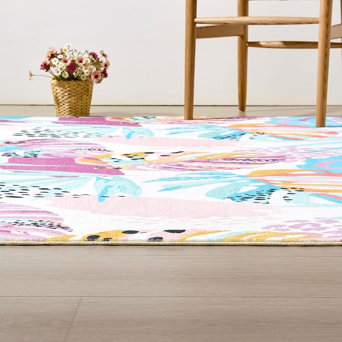 RoomTalks Tropical Leaves Washable Rug, Colorful Pink Blue Boho Cute Floral Aesthetic 3x5 Area Rugs for Bedroom Dorm Living Room Kitchen, Modern Abstract Art Palm Leaf Thin Indoor Entryway Carpet