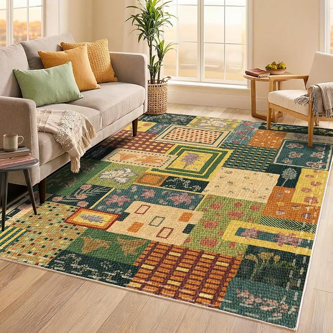 Patchwork Floral Area Rugs for Living Room, Washable 4x6 Abstract Green Soft Rug for Bedroom, Upgraded Non-Slip Durable Throw Carpet, Aesthetic Indoor Rug for Dining Room Office Home Hardwood Floor