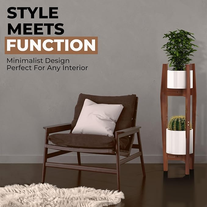 ROCCA 2-Tier Tall Plant Stand Indoor – Adjustable Bamboo Plant Stand (8–12”), Wooden Corner Pedestal for Multiple Pots, Modern Space-Saving Design