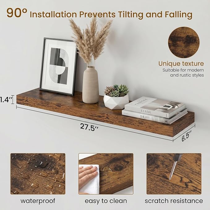 Dreamland Floating Shelves for Wall, 27.5 Inch Long Shelves, Wall Decor for Bedroom, Kitchen, Living Room & Book Storage, Mounted Floating Shelf with Invisible Brackets, Set of 2, Rustic Brown