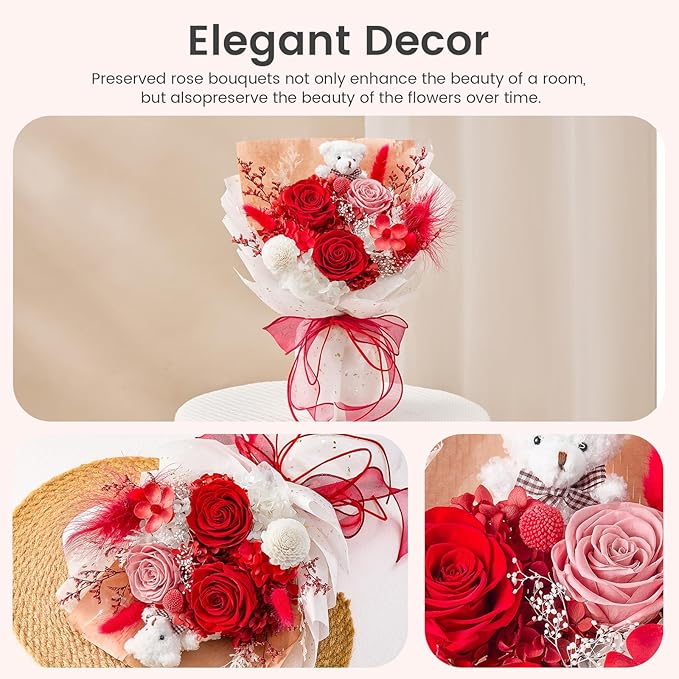 Polylove Forever Flower Bouquet Flowers for Delivery Prime Preserved Roses with Bear Gift Box for Wife Women Mother Day Anniversary Birthday (Red)