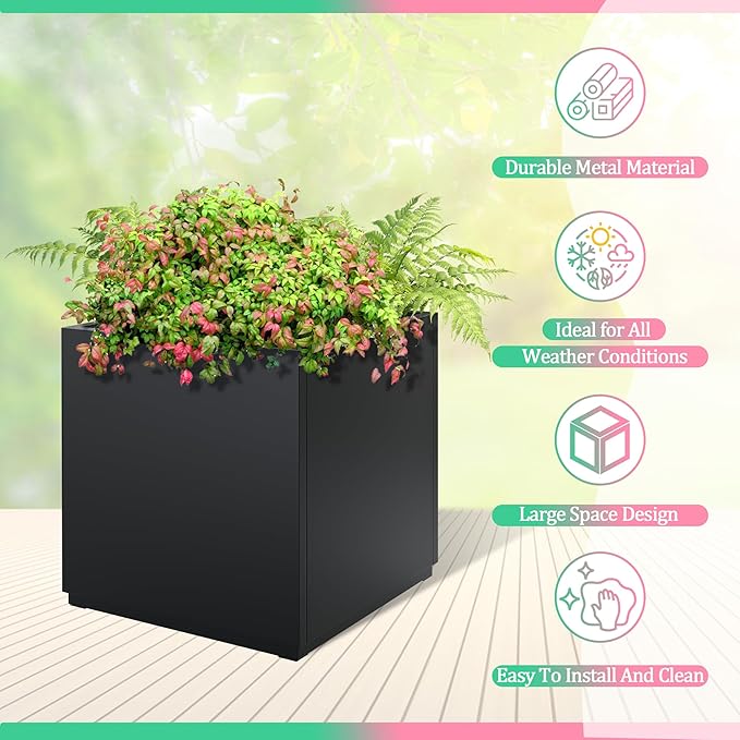 Metal Planter Box Rectangular Planter Box with Drainage Hole, Outdoor Large Planters, All-Weather Use, Rust-Resistance, for Flowers Plants, 17" L × 17" W × 18" H, Black