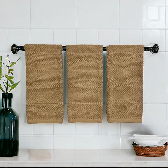 Mocha Light Brown Tan Kitchen Hand Dish Towels: Oversized 28" x 18",100% Cotton Cloth Soft Cleaning Drying Absorbent Textured Design, Set of 3 Multipurpose for Everyday Use (Toasted Coconut)