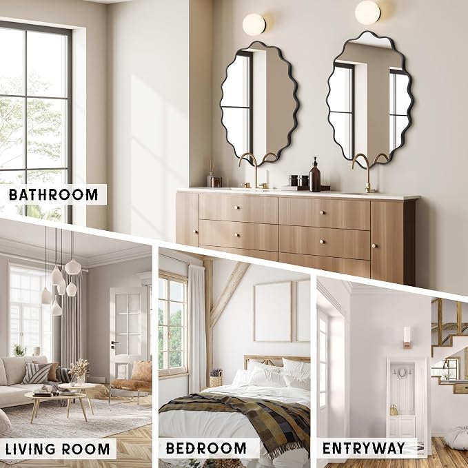 Oval Wavy Wall Mirror -Irregular Wall Mirror with Black Asymmetrical Aluminum Alloy Frame,22"x30" Decorative Wall Mirrors for Bathroom, Bedroom, Living Room, Dining Room，Entryway