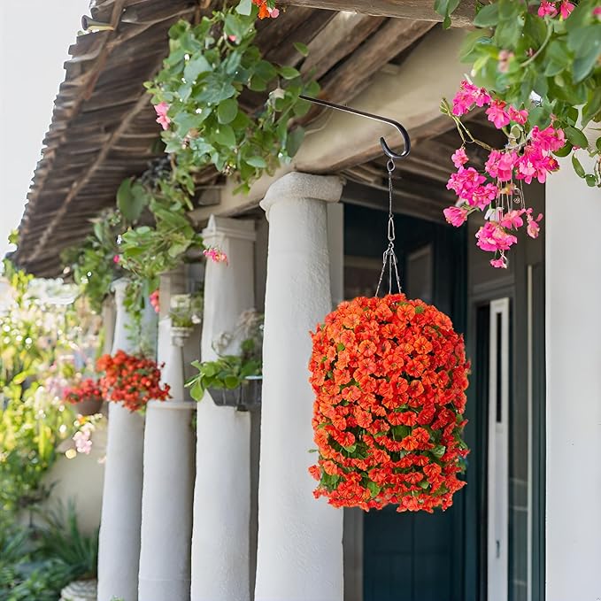 HyeFlora Artificial Fake Hanging Flowers Plants Baskets for Outdoor Decoration, Faux Silk Orange Morning Glory in Planter UV Resistant Look Real for Home Porch Patio Balcony Yard Decor
