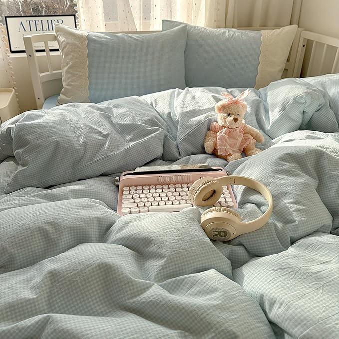 LifeTB Blue Gingham Duvet Cover King 3 Pieces Blue Plaid Comforter Cover with Chic White Lace Soft Microfiber Checkered Grid Duvet Cover with 2 Pillowcases Breathable Gingham Plaid Bedding Set