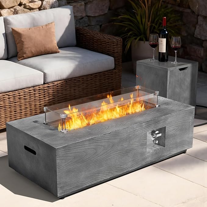 2-Piece 42" Rectangular Propane Fire Pit for Outside Patio with Hidden Tank Table, 50,000 BTU Fireplaces with Glass Wind Guard, Lid, Glass Rocks, Cover(Grey Wood Grain)