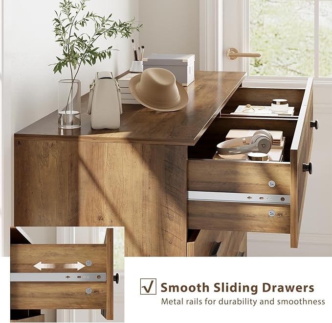 IBF Farmhouse Dresser for Bedroom Modern 6 Drawer Dresser Fluted Chest of Drawers Large Wood Closet Dressers with Anti-Tipping Design for Bedroom, Living Room, Hallway, Entryway, Nursery, Rustic Oak
