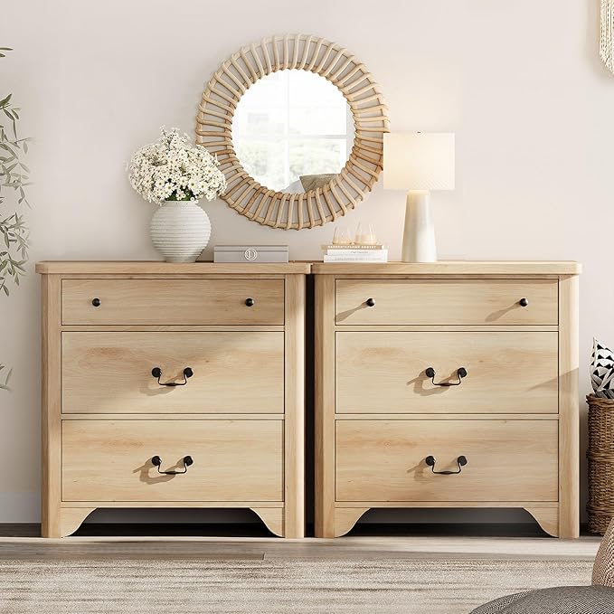 WAMPAT 3 Drawer Dresser Set of 2, 63“ Large Farmhouse Dresser for Bedroom with Wide Chest of Drawers,Oak Wooden Dressers Nightstand Cabinet for Bedroom, Living Room, Hallway, Office