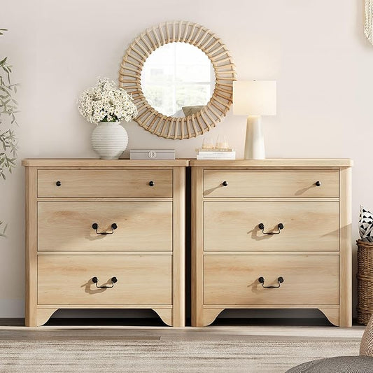 WAMPAT 3 Drawer Dresser Set of 2, 63“ Large Farmhouse Dresser for Bedroom with Wide Chest of Drawers,Oak Wooden Dressers Nightstand Cabinet for Bedroom, Living Room, Hallway, Office