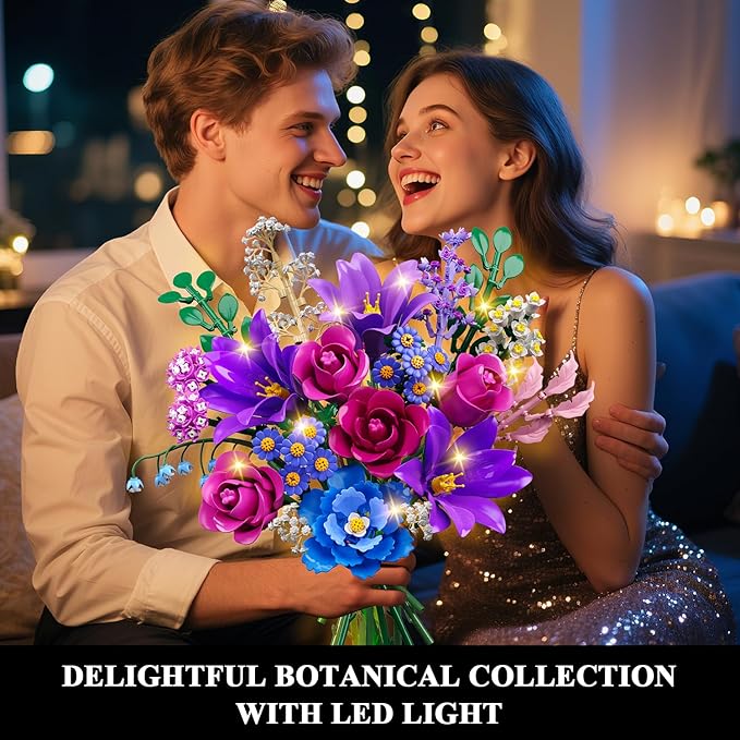Flowers Bouquet Building Set with LED Light, 21 Flower Botanical Collection Building Block Toy, Rose Lily Home Plant Decor 1054PCS for Her Adults Women Kids Girls 12+ (Purple)