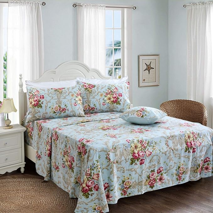 FADFAY Shabby Floral Bedding Elegant Peony Sheets Set Luxury Bedding Collections 800 Thread Count 100% Egyptian Cotton Deep Pocket, 4 Piece-Full Size