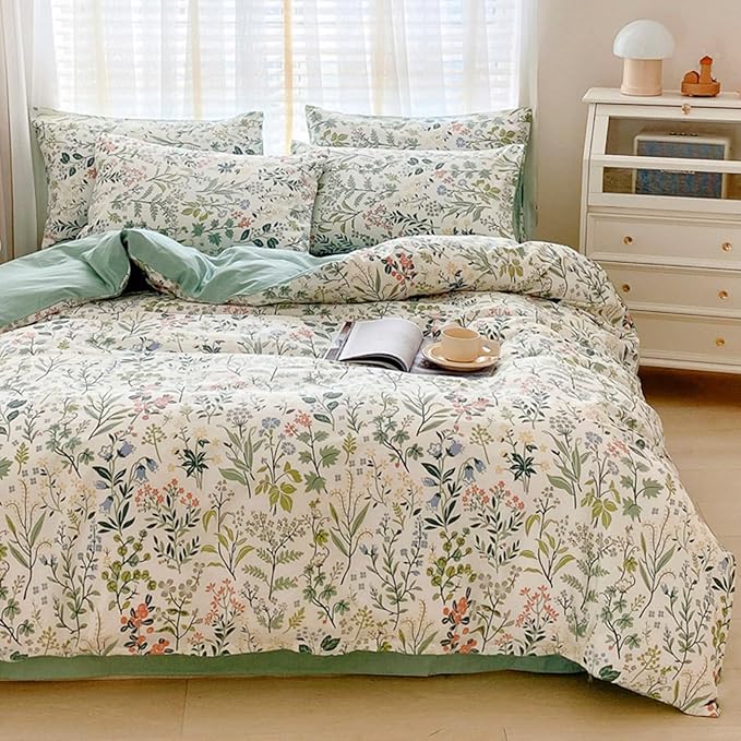 HighBuy Girl Peach Green Flower Duvet Cover Full Soft Cotton Botanical Floral Bedding Set Full Green Garden Cottagecore Comforter Cover with 2 Pillowcases Teen Bedding Sets Ultra Soft