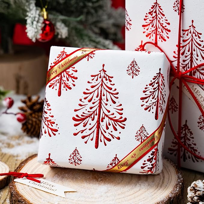 Flyhill Kraft Christmas Wrapping Paper-White 3D Embossed Gold Foil Christmas Pine Tree with Woodlands for Holiday, Party,Celebration, New Year (17 Inch X 32.8 Feet)