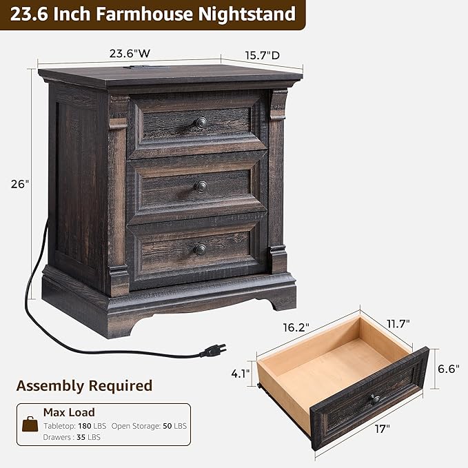 T4TREAM 24" Wide 3 Drawer Dressers, Farmhouse 26" Tall Bedside Side Table with 3 Drawers, Wooden Side Table with Roman Column, End Table for Bedroom, Living Room, Hallway, Dark Rustic Oak