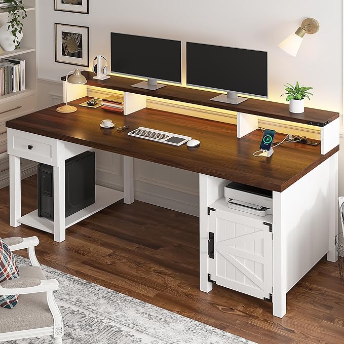 EnHomee Computer Desk with Drawers,23" D Home Office Desk with Storage,Wooden Desk with Monitor Stand,Farmhouse Desk with Printer Space and Power Outlets for Studio,Work, Study,Writing&Gaming,White
