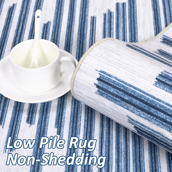 9x12 Area Rug Washable Modern Lines Rug for Living Room Low Pile Soft Bedroom Rugs Non Slip Modern Indoor Large Carpet Thin Foldable Abstract Lines Carpet for Nursery Dining Playroom, Blue
