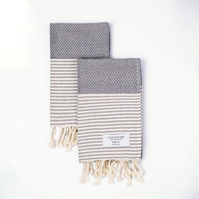 Boho Striped Turkish Hand Towels Set of 2 | 100% Cotton, 16 x 40 Inches | Decorative Bathroom Hair Face Gym Yoga Dishcloth Tea Kitchen Light Weight Quick Dry Farmhouse Towel (Grey)