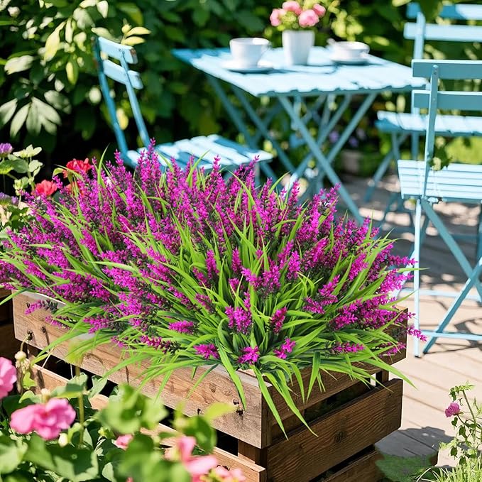 Ouddy Decor 24 Bundles Artificial Flowers for Outdoors, Fake Lavender Flowers Monkey Grass Faux Plastic Plants Shrubs UV Resistant for Porch Garden Window Box Office Home Decorations, Fuchsia