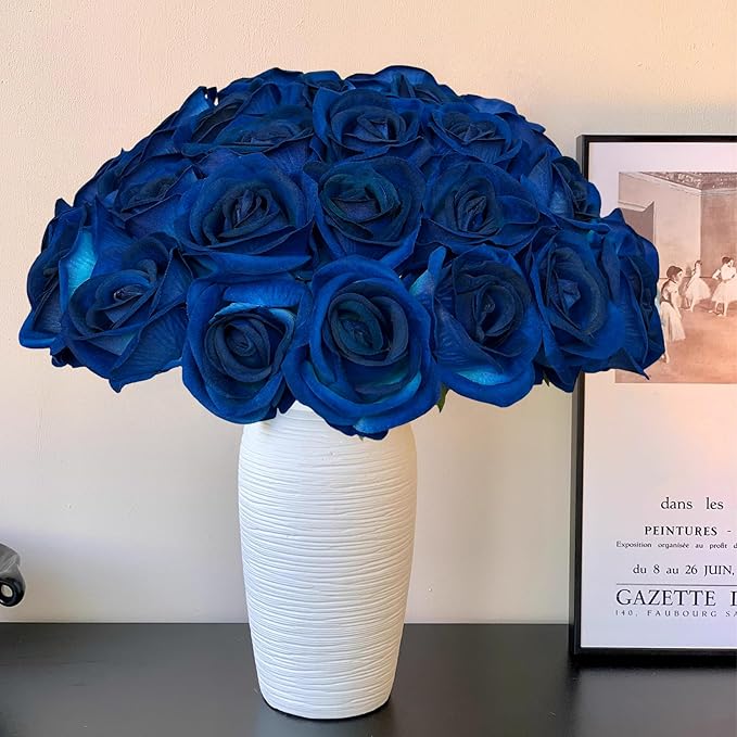 FagusHome 30 Pcs Silk Rose Artificial Flowers Roses Bulk Bouquet Fake Flowers Rose Heads with Stems for Home Wedding Decor (Dark Blue)