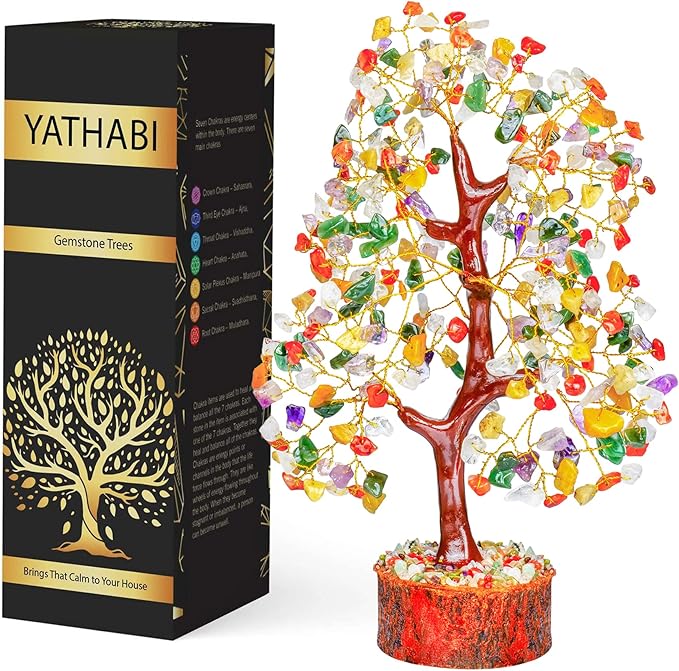 YATHABI Chakra Tree Sculpture - Mix Chakra Golden Wire Crystal Bonsai Tree - Positive Energy, Meditation Decor, Spiritual Gift