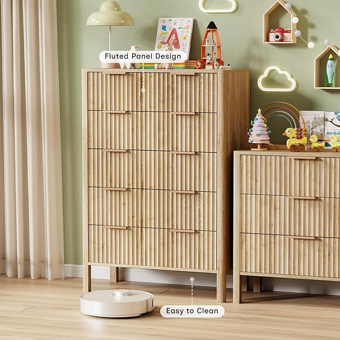 47" Tall Dressers for Bedroom Fluted 5 Drawer Dresser, Wooden Dresser Modern Chest of Drawers Dressers with Organizer Storage for Bedroom, Living Room, Entryway, Oak