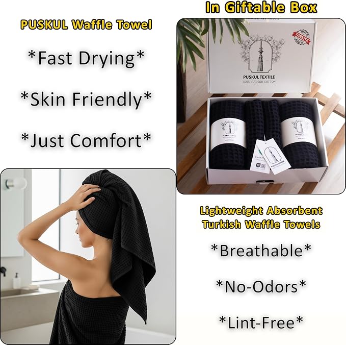 PÜSKÜL 4-Piece Natural 100% Turkish Cotton Luxury Waffle Towels for Bathroom | Premium Quality Honeycomb Weave 2 Hand Towel & 2 Bath Towel Set | Soft Absorbent Quick-Dry Lightweight Towels (Black)