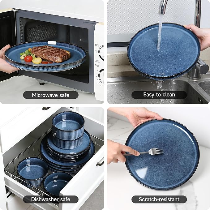MONITO Ceramic Dinnerware Sets for 6, 18PCS Stoneware Plates and Bowls Sets, Reactive Glaze Dish Set, Chip and Scratch Resistant Double, Microwave and Dishwasher Safe, Dark Blue