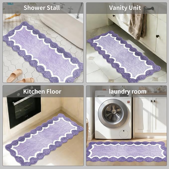 Cute Scalloped Purple Bathroom Rugs Mat,Non Slip Absorbent Quick Dry Bath Mats for Shower Room,Microfiber Bath Mats for Bathroom Floor Washable Carpet for Shower Tub Sink Bedroom,17"x47"