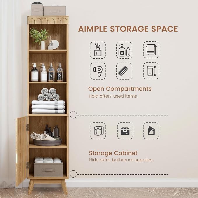71" Tall Narrow Bathroom Storage Cabinet with Door, Small Fluted Cabinet with Adjustable Shelves & 3-Tier Open Shelf, Modern Freestanding Slim Organizer for Space Saving Living Room Kitchen (Natural)