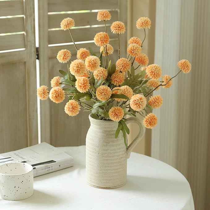 Laelfe Peach Artificial Flowers Pompon Mum, 5Pcs Fake Kiku Flowers Silk Small Mini Chrysanthemum Ball Faux Mum Decor for Filler DIY Bouquet Centerpieces Arrangements Shower (Peach)