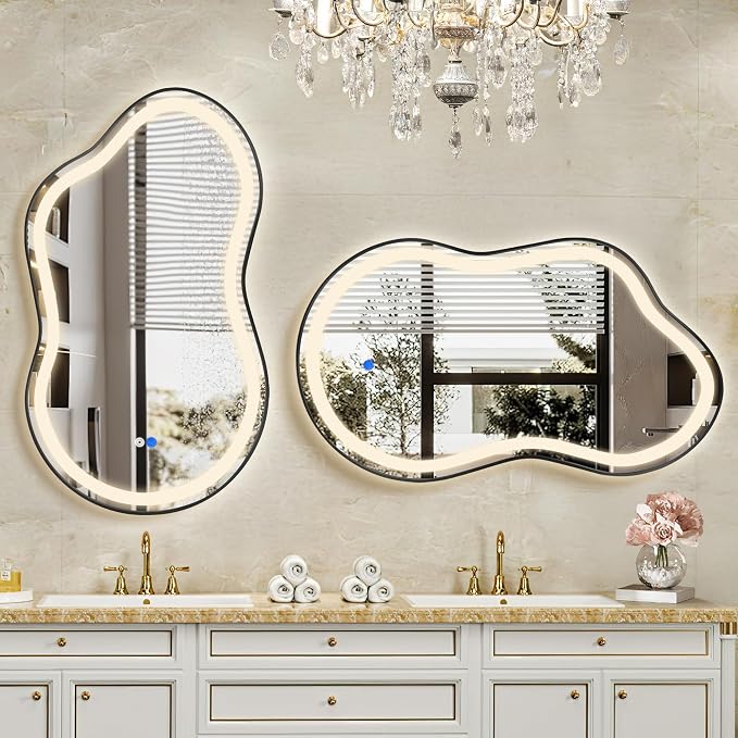 Irregular LED Bathroom Mirror with Lights, Cloud Smart Backlit Mirror, Dimmable Lighted Bathroom Mirror with Anti-Fog, Asymmetrical Vanity Mirror Hangable 2 Ways (Black, 26" x 46", 1 Pack)