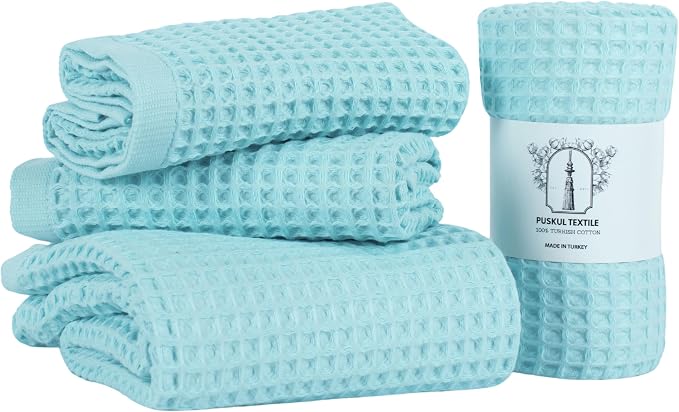 PÜSKÜL 4-Piece Natural 100% Turkish Cotton Luxury Waffle Towels for Bathroom | Premium Honeycomb Weave 2 Hand Towel & 2 Bath Towel Set | Soft Absorbent Quick-Dry Lightweight Towels (Turquoise)