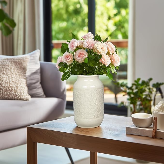 White Ceramic Vase for Flowers, 9 Inch Modern Decorative Vase for Home Decor, Centerpieces, Table, Living Room, Bathroom, Kitchen, Jarrones Decorativos para Sala