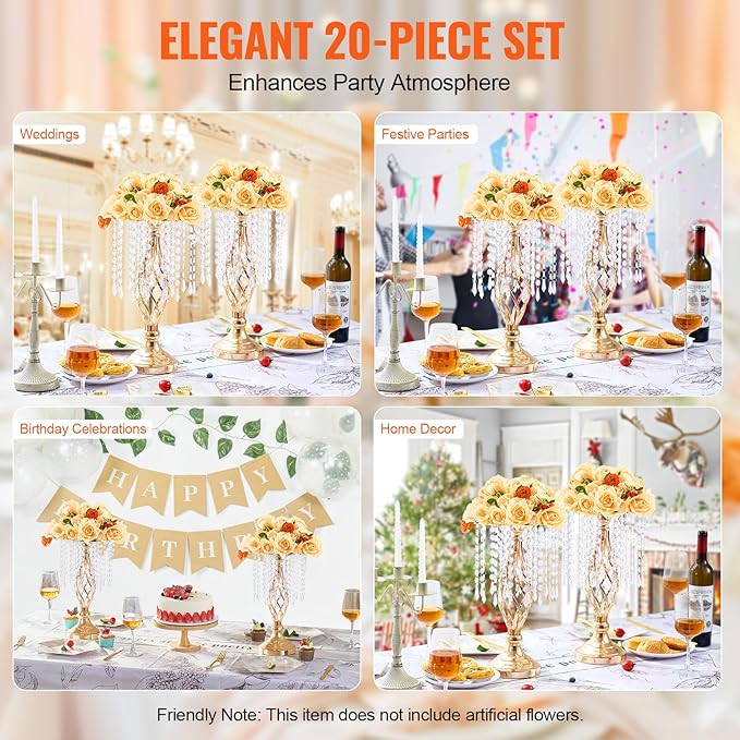VEVOR 20PCS 43cm/16.9” Tall Crystal Wedding Flower Stand, Metal Wedding Centerpiece Vase, Gold Flower Holders Floral Display Rack for Tables Wedding Dinner Party, Ceremony Birthday Event Decor