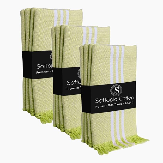 Stripe Tea Towels 12 Pack, 16x26 Inches, Dish Towels for Kitchen Drying, Reusable Rags, Absorbent and Washable Cloths, Cleaning Towels for Dishes and Everyday Use - Lemon Green