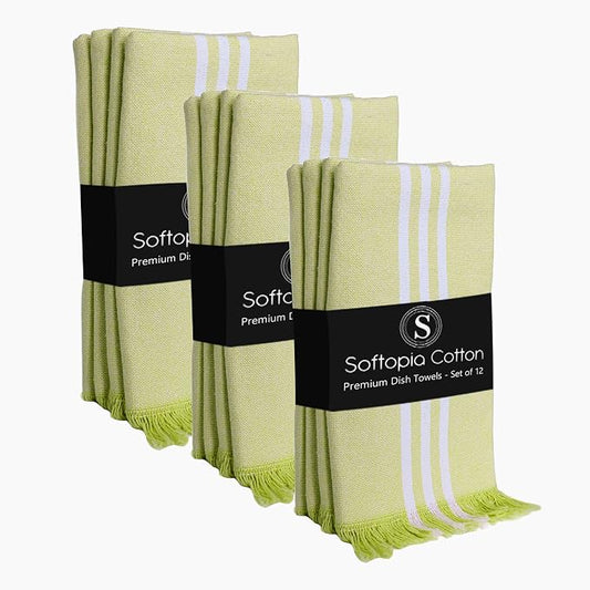 Stripe Tea Towels 12 Pack, 16x26 Inches, Dish Towels for Kitchen Drying, Reusable Rags, Absorbent and Washable Cloths, Cleaning Towels for Dishes and Everyday Use - Lemon Green