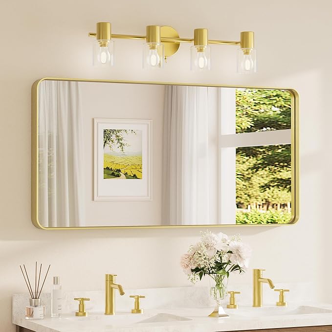 TETOTE 48 x 24 Inch Brushed Gold Frame Mirror, Brass Bathroom Vanity Mirror for Wall, Modern Rectangle Round Corner Matte Framed Mirror (Horizontal/Vertical)