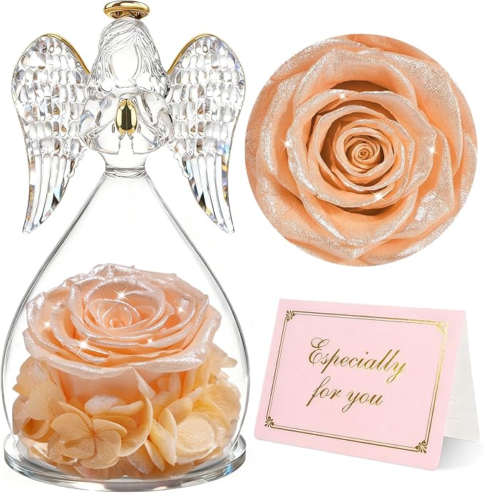 Yamonic Mom Birthday Gifts for Mom,Angel Figurines with Real Rose Gifts for Her Women Grandma, Preserved Flowers Rose Angel Figurines for Mothers Day Christmas Anniversary Wife Gifts(Pearl Champagne)