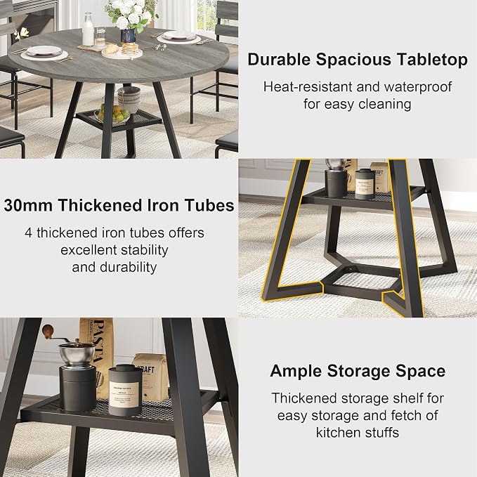 knoworld 47" Round Dining Table for 4, Kitchen Tables Dining Room Circle Dinner Table with Pedestal Metal Frame, Space Saving Wood Industrial Kitchen & Dining Room Tables, Dark Grey 47In