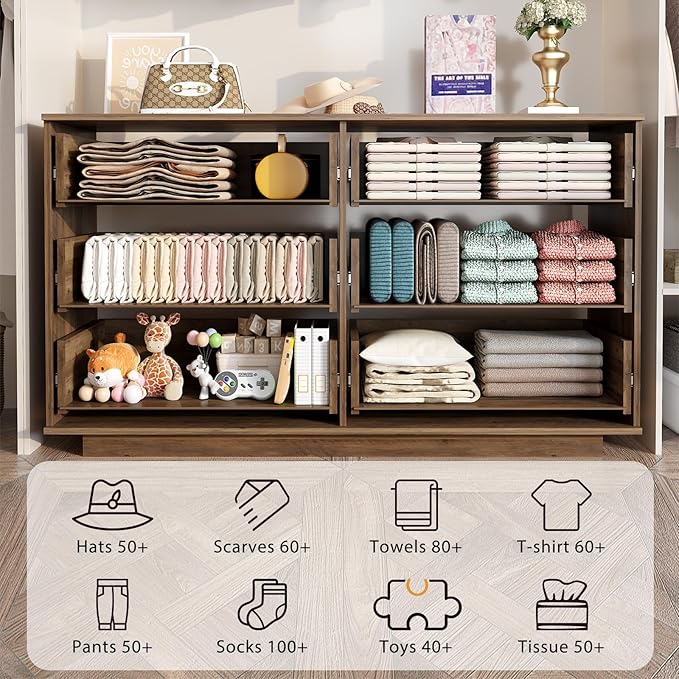 IBF Farmhouse Dresser for Bedroom Modern 6 Drawer Dresser Fluted Chest of Drawers Large Wood Closet Dressers with Anti-Tipping Design for Bedroom, Living Room, Hallway, Entryway, Nursery, Rustic Oak