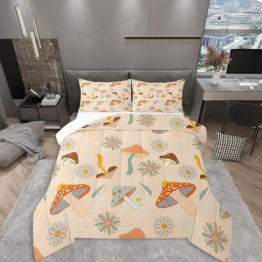 Castle Fairy 60s 70s Retro Mushroom Comforter Set Full Size,Groovy Flowers Floral Bedding Comforters for Girls Teens Gift,Boho Art Quilt Set with 2 Pillowcases,Chic
