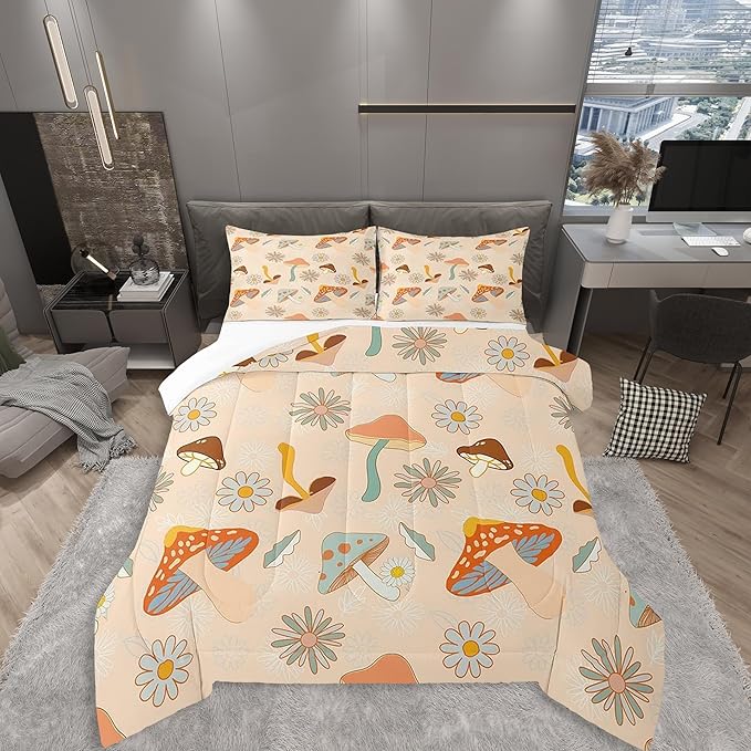 Castle Fairy 60s 70s Retro Mushroom Twin Size Comforter Set,Groovy Flowers Floral Duvet Set with 1 Pillowcase for Kids BoysBoho Art Soft Microfiber Bedding Comforters