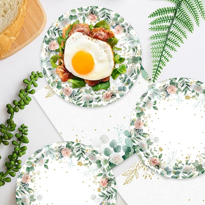 Sage Green Floral Paper Plates and Napkins for Eucalyptus Leaves Birthday Decorations 40Pcs Bridal Baby Shower Decorations Serve 20 Summer Tea Party Plates and Napkins Sets Supplies