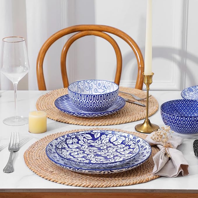 Selamica Ceramic Plates and Bowls Sets,32 Pieces Dinnerware Sets for 8,Scratch Resistant Dish Set for family gathering,Dishwasher & Microwave Safe, Vintage Blue
