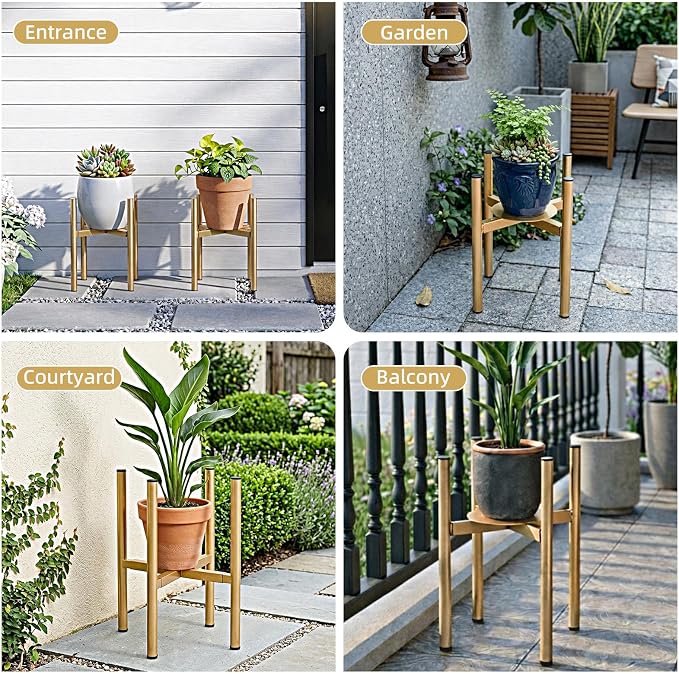 Adjustable Metal Plant Stand Indoor, Fits 8-14 Inch Pots, Mid Century Modern Gold Planter Holder,2 Heights, Heavy Duty 160 lb, Indoor Outdoor Corner Floor Pot Stand, Golden with Round Plate 2 Pack