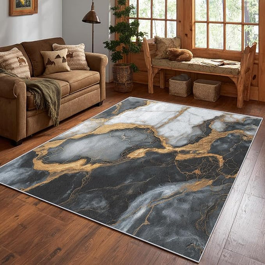 Black White Gold Marble Area Rug, Modern Abstract Pattern Carpet, Washable Non Slip Low Pile Soft Thin, Living Room Bedroom Home Decor Mat 3x5ft(Small)