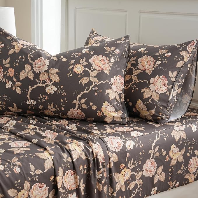 Zusbest Dark Brown Floral Bed Sheets Set - Full Size Percale Cotton Shabby Rustic Peony Flower Print Bed Sheets - Soft Breathable Mocha Classic Vintage Bedding 4 Pcs Deep Pocket Flower Bed Sheets