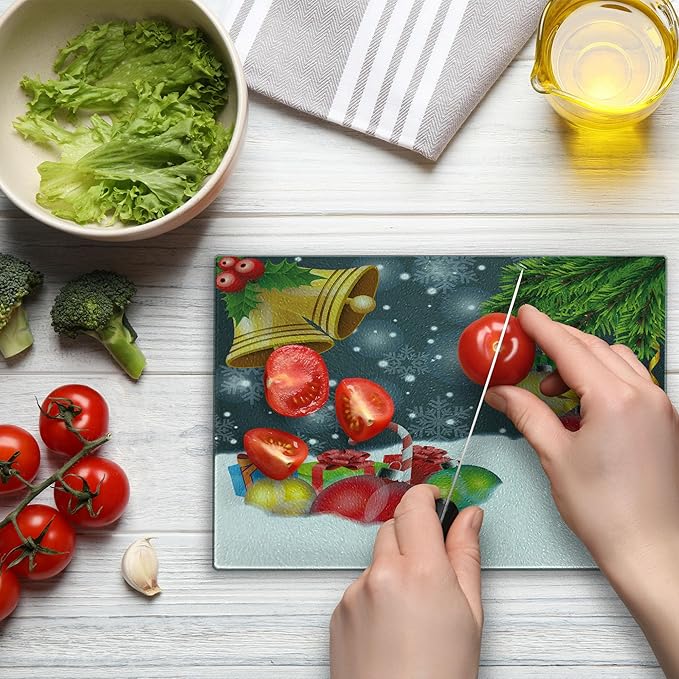 Ambesonne Christmas Cutting Board, Words Print with Original Celebration Objects with Presents and Candies Image, Decorative Tempered Glass Cutting and Serving Board, Small Size, Grey Yellow
